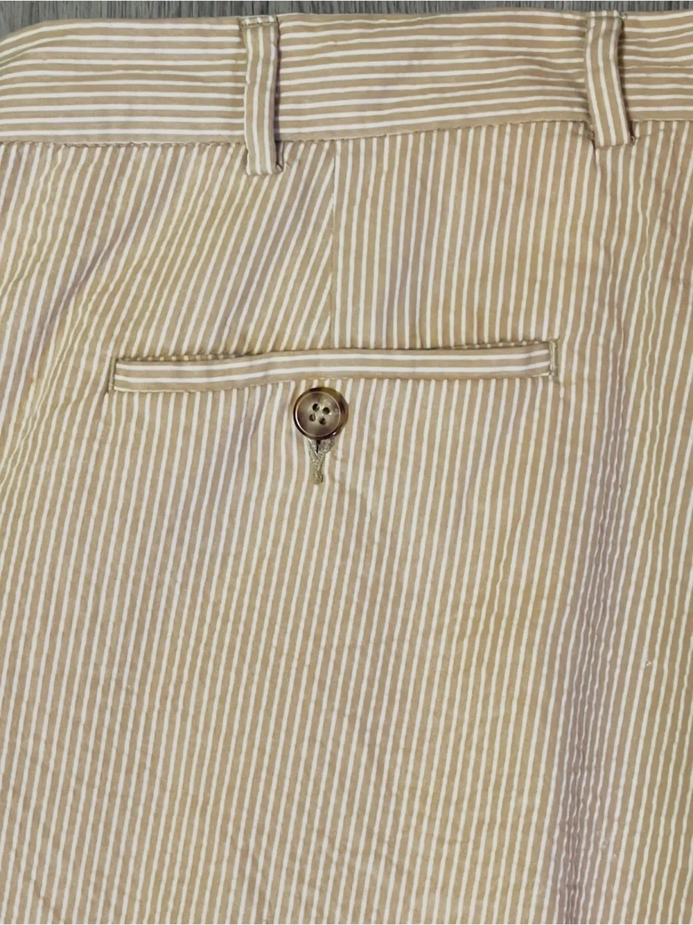 Vintage Perry Ellis Seersucker Pants 38x30 Tan White Stripe Cotton Preppy